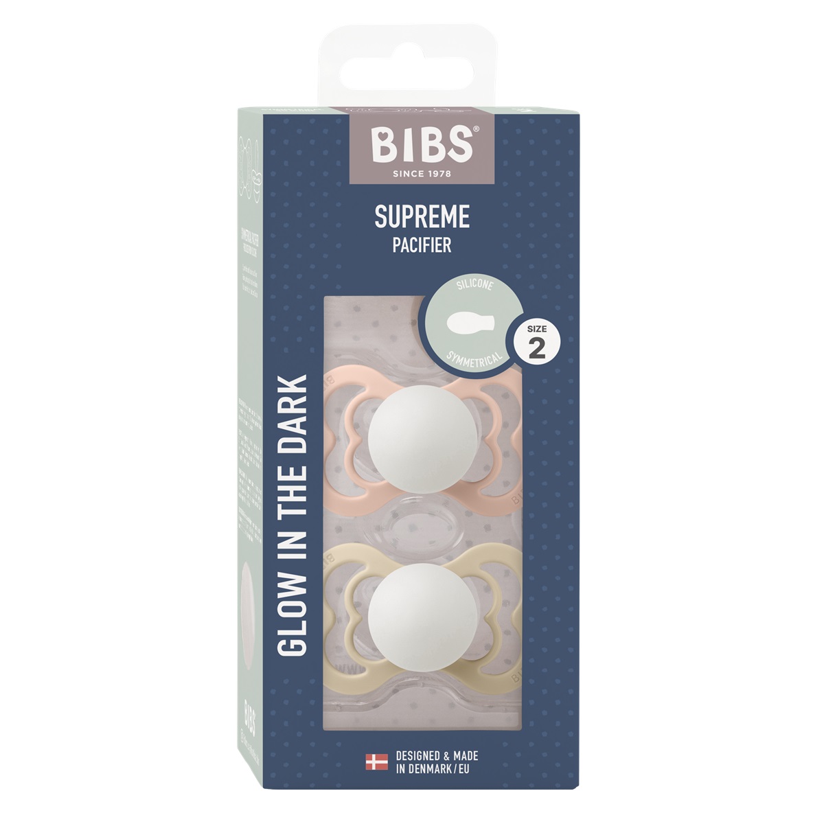 Набор пустышек силиконовых ночных BIBS Supreme Glow, 2 шт. - Blush/Vanilla, 6+ мес.