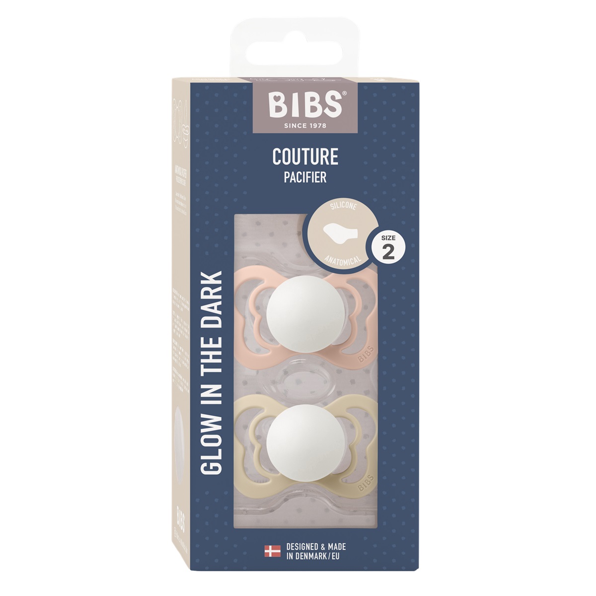Набор пустышек силиконовых ночных BIBS Couture Glow, 2 шт. - Blush/Vanilla, 6+ мес.