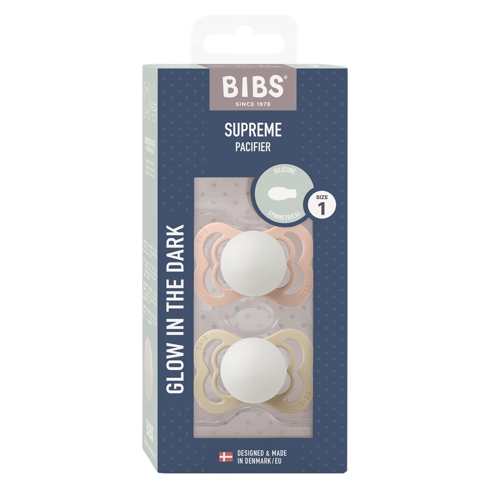 Набор пустышек силиконовых ночных BIBS Supreme Glow, 2 шт. - Blush/Vanilla, 0+ мес.