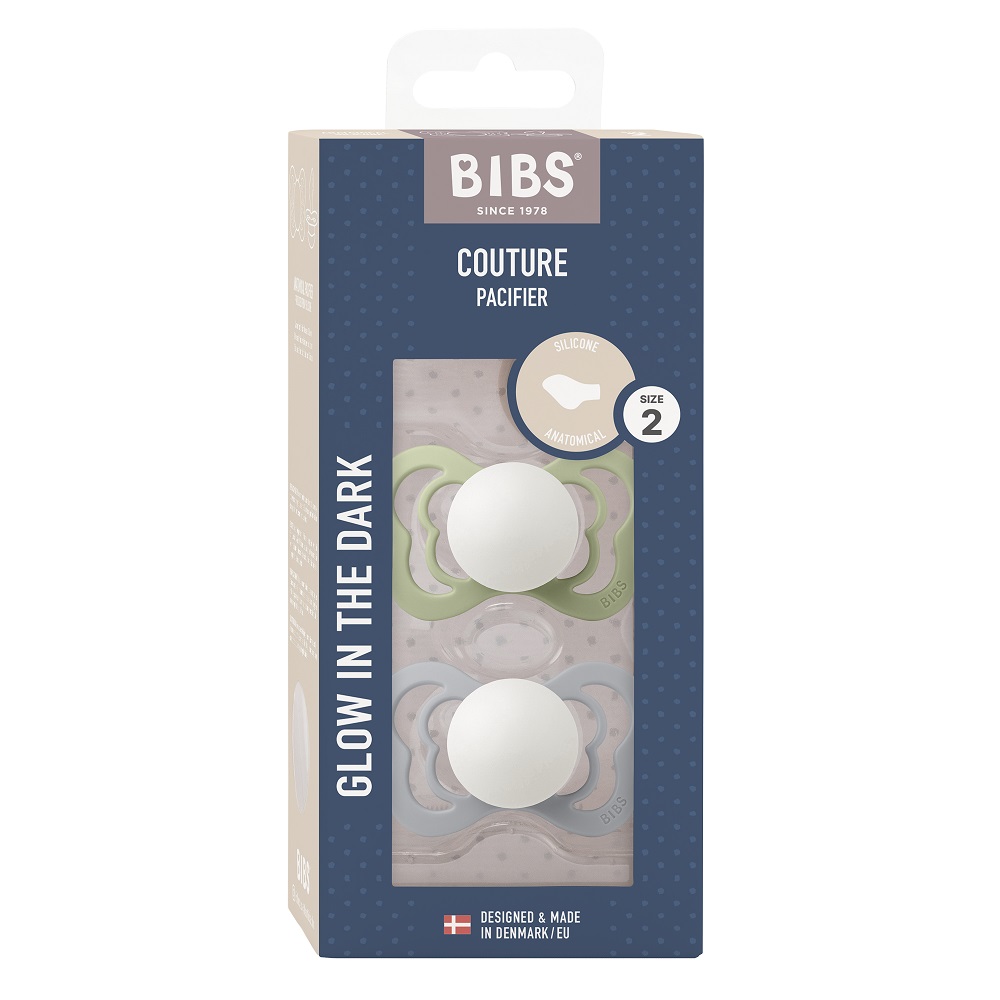 Набор пустышек силиконовых ночных BIBS Couture Glow, 2 шт. - Sage/Cloud, 6+ мес.