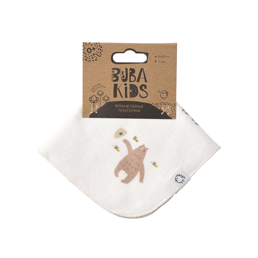 Платочки фланелевые BUBA KIDS, 3 шт., Мишкины лакомства/Бежевый/Сливочный