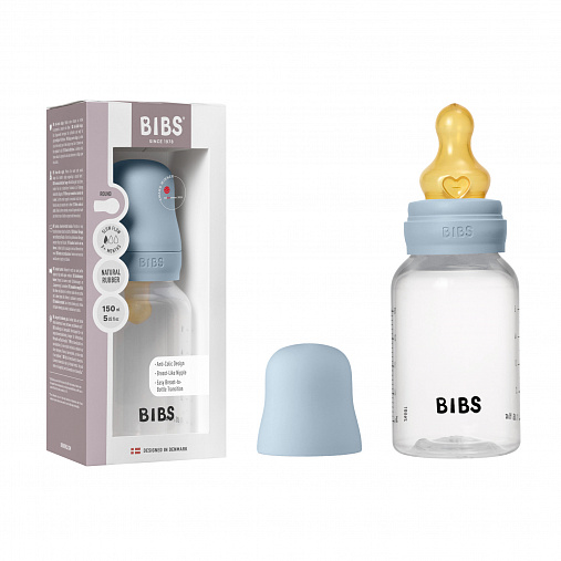Бутылочка для кормления в комплекте с латексной соской, медленный поток BIBS - Baby Blue, 150 мл