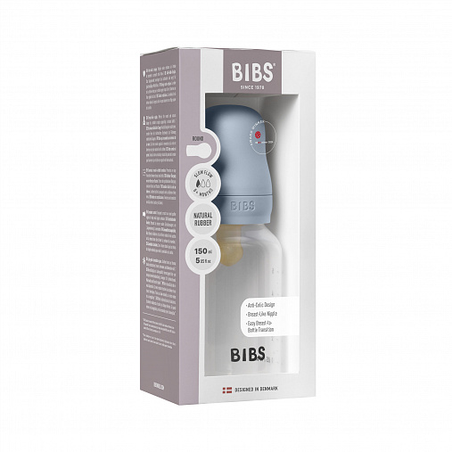 Бутылочка для кормления в комплекте с латексной соской, медленный поток BIBS - Baby Blue, 150 мл