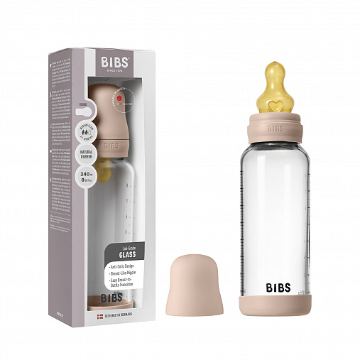 Стеклянная бутылочка для кормления с латексной соской, средний поток BIBS - Blush, 240 мл