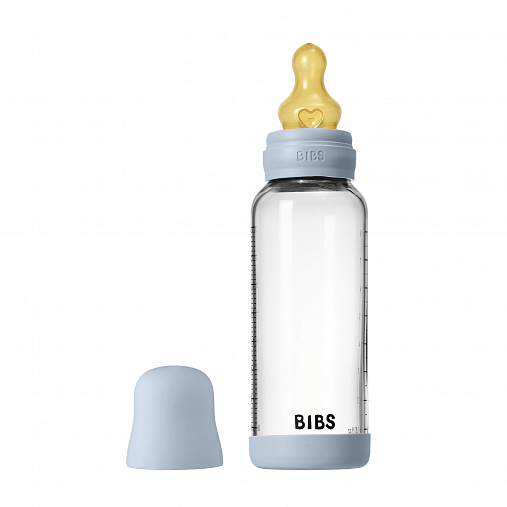 Стеклянная бутылочка для кормления с латексной соской, средний поток BIBS - Baby Blue, 240 мл