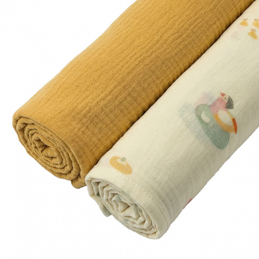 Пелёнки муслиновые BUBA KIDS, 2 шт., Утка-мандаринка/ горчица, 75х115