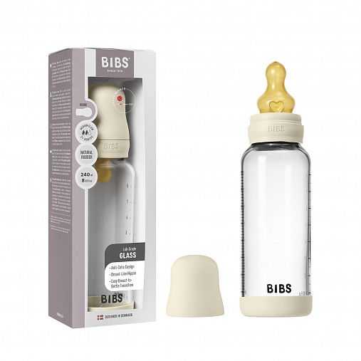 Стеклянная бутылочка для кормления с латексной соской, средний поток BIBS - Ivory, 240 мл