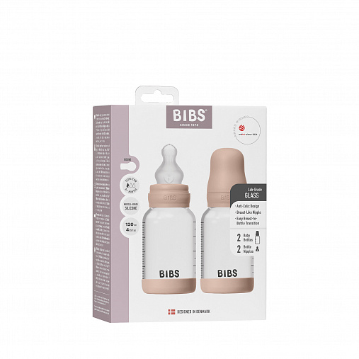 Набор стеклянных бутылочек для кормления с силиконовой соской, медленный поток BIBS, 2 шт. - Blush, 120 мл