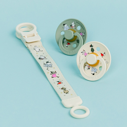 Подарочный набор пустышек BIBS x Moomin 2 шт. с держателем Loop Clip - Ivory/Sage, 6+ мес.