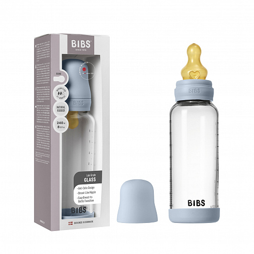 Стеклянная бутылочка для кормления с латексной соской, средний поток BIBS - Baby Blue, 240 мл