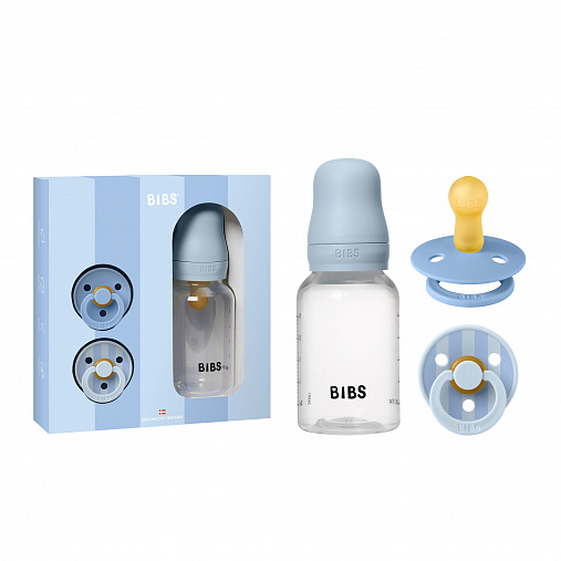 Подарочный набор «Baby Sprinkle»: латексная пустышка BIBS Studio Colour, 2 шт., 0+ мес., бутылочка для кормления в комплекте с латексной соской, медленный поток BIBS,  - Baby Blue, 150 мл